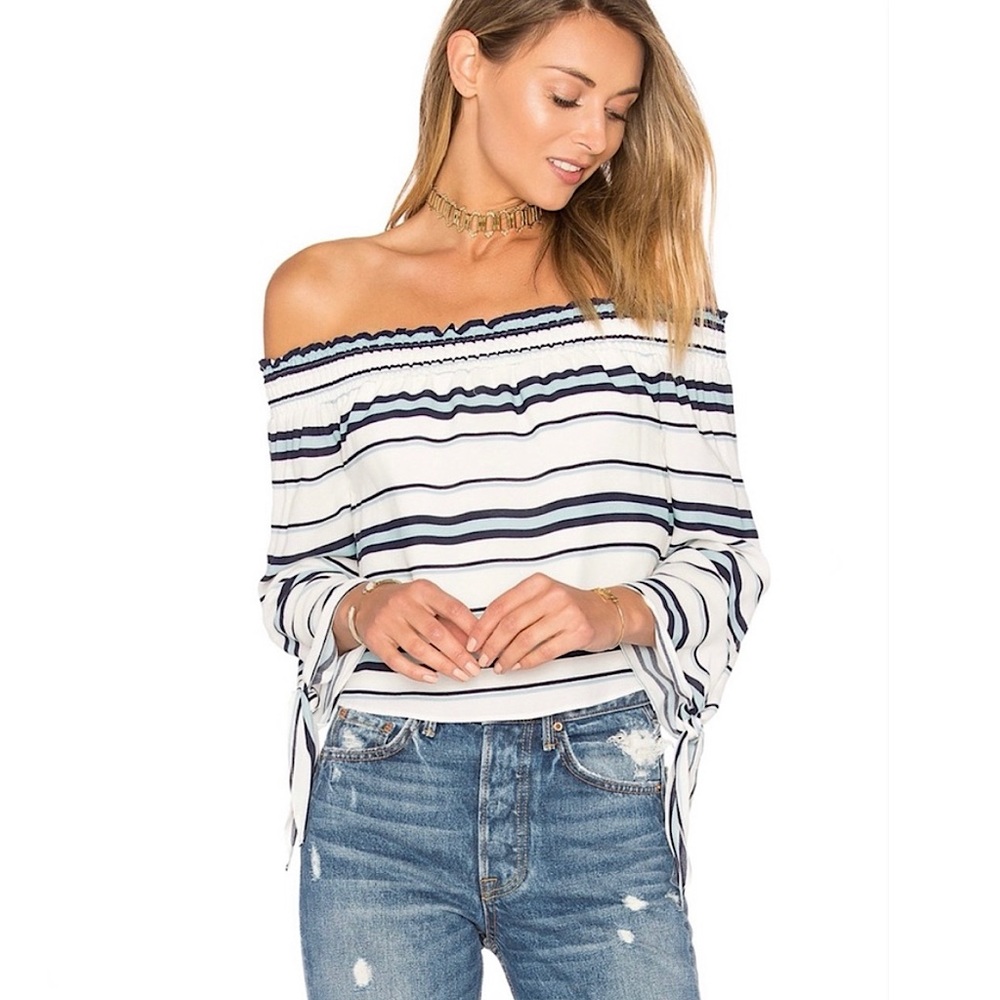 LOVERS + FRIENDS Dream Lover white blue striped off shoulder tie sleeve blouse S